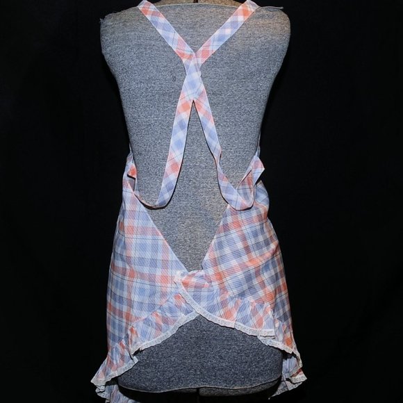 Vintage 70's Orange & Blue Plaid Check Full Bib Apron w/ Lace Criss Cross Back - Picture 7 of 11